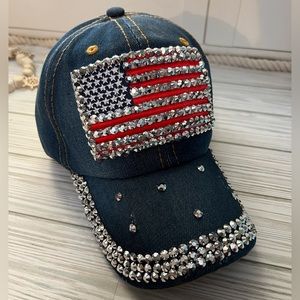 NIP American Flag Rhinestone Hat, Distressed Denim, Adjustable